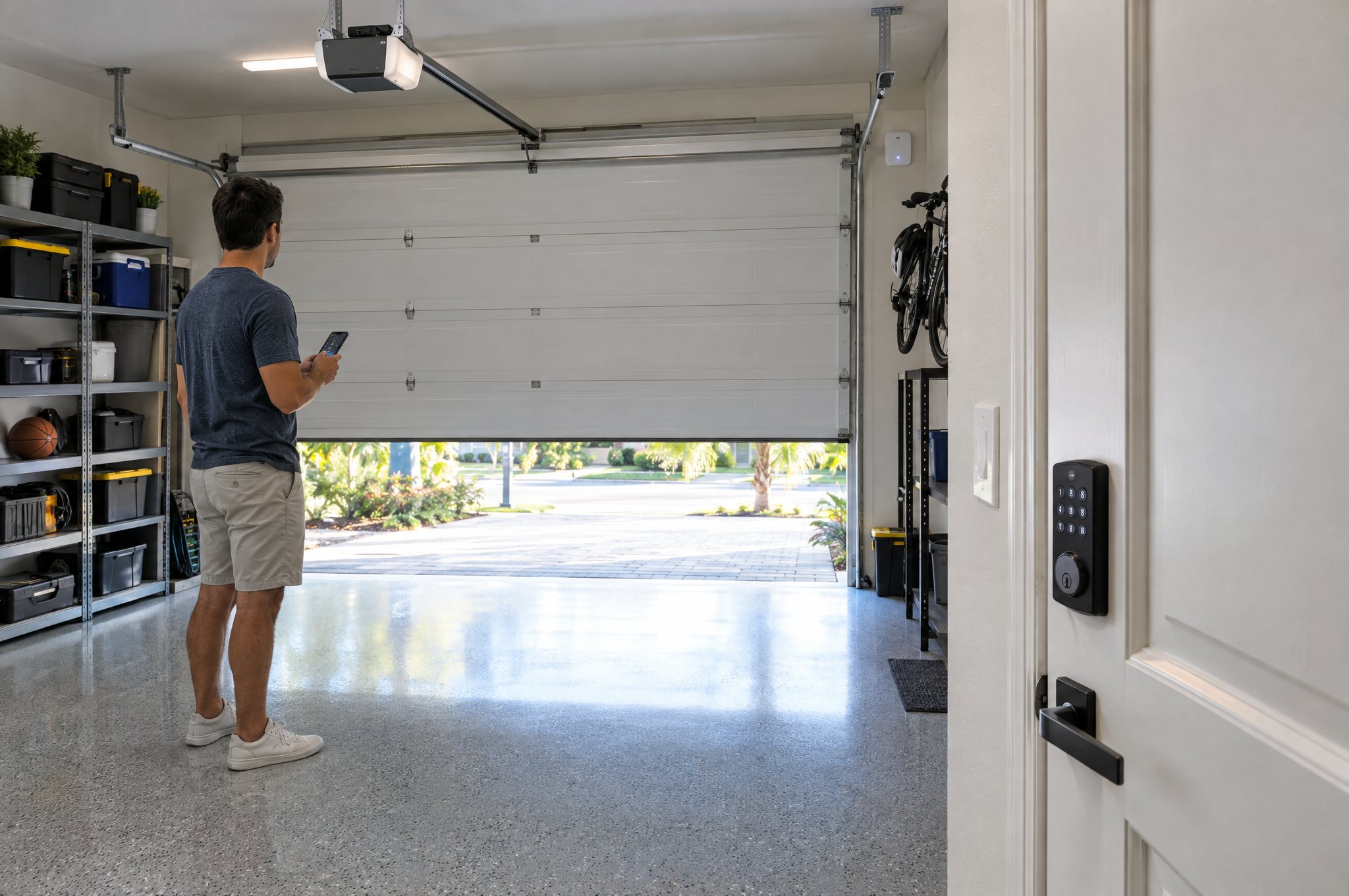 A man closing a white garage door from his phone in a clean Florida garage, with a black keypad smart deadbolt on the door into the house in the foreground