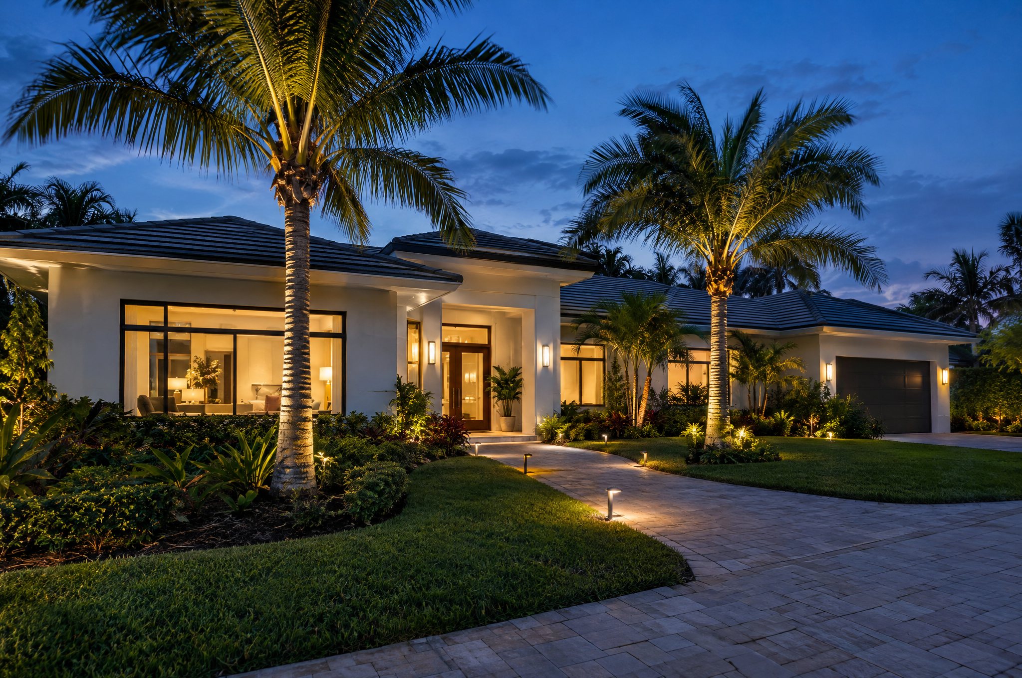 A single-story modern Florida home at blue hour with warm interior lights, uplit palms, path lights along a paver walkway and lit entry sconces