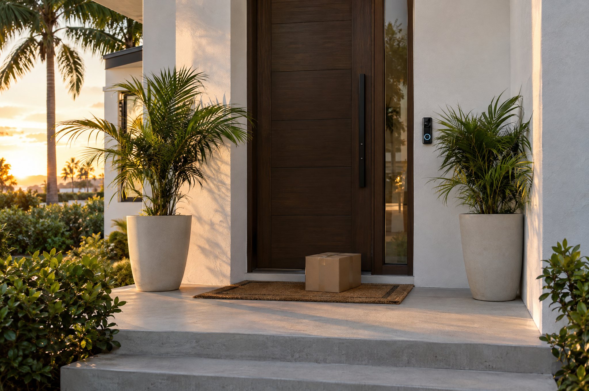 A slim black video doorbell beside a dark wood front door of a white stucco Florida home at golden hour, with a package on the mat
