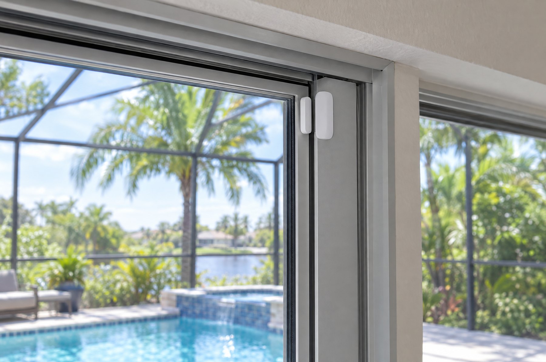A small white wireless contact sensor and magnet on the frame of a sliding glass door that opens to a screened pool lanai