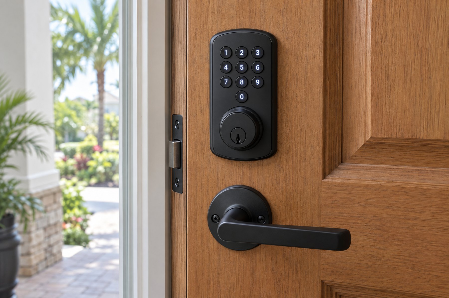 A matte black keypad smart deadbolt with backlit number buttons and a matching lever on a wood front door, with palms beyond the sidelight