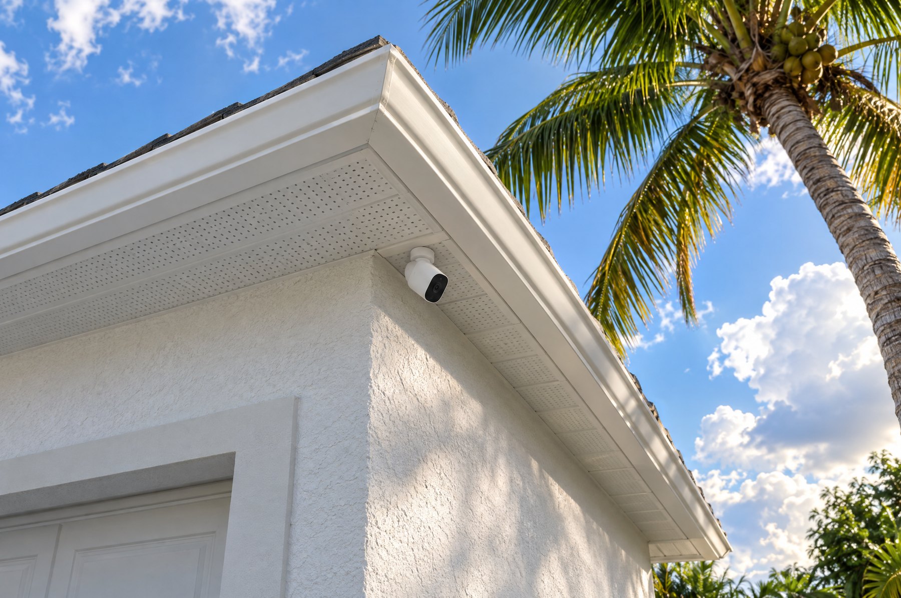 A compact white security camera mounted under the soffit at the corner of a white stucco Florida home, with a coconut palm and blue sky