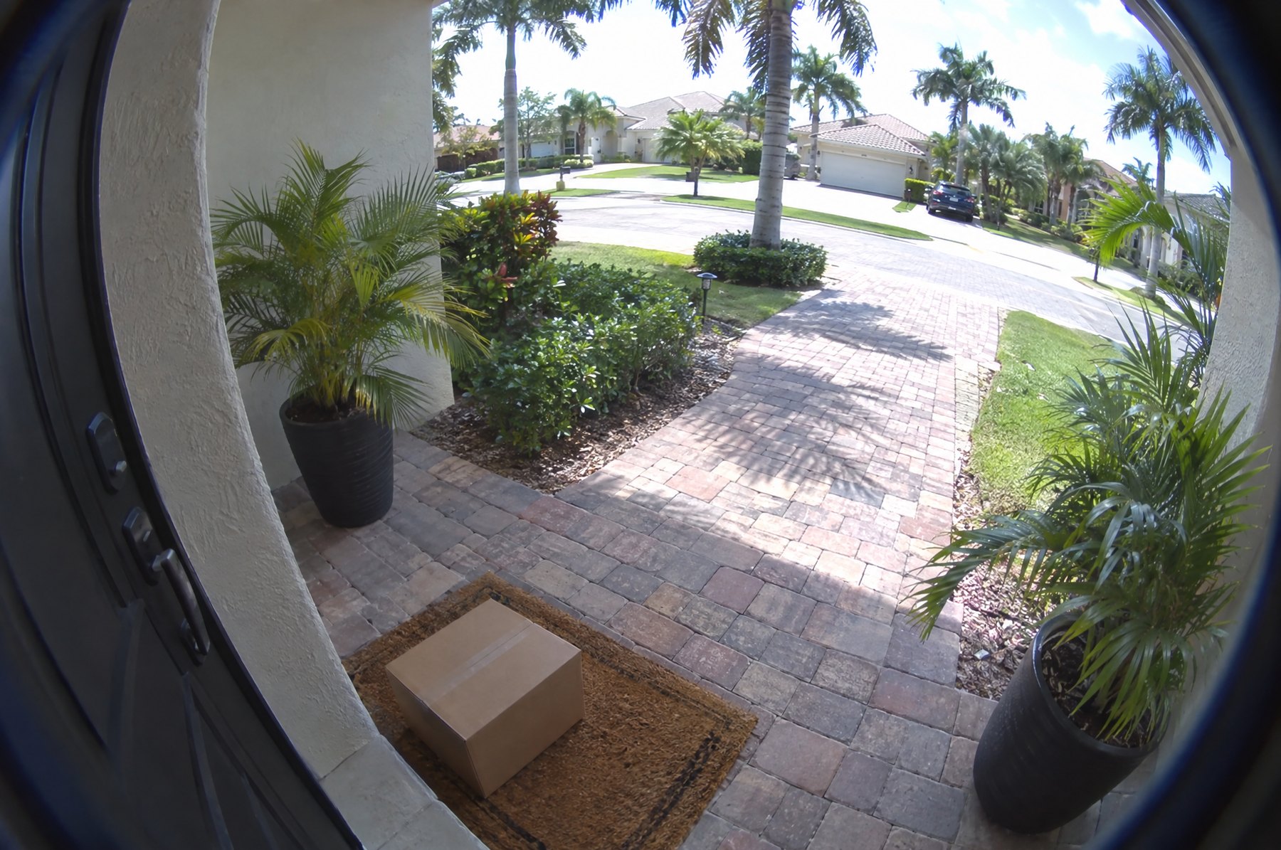 Wide fisheye view from a video doorbell of a cardboard package on a doormat, a paver walkway, potted palms and the street beyond