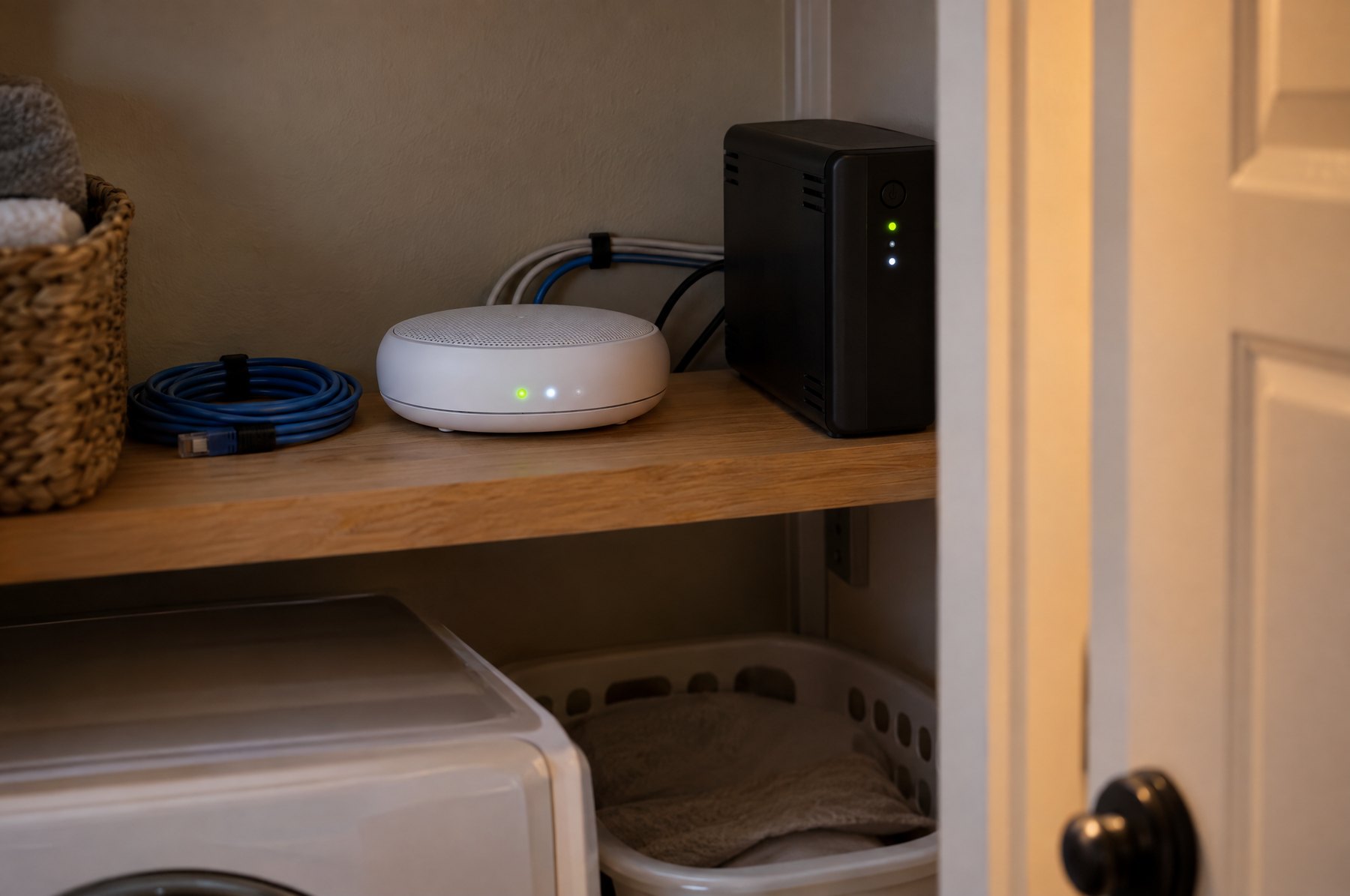A white mesh Wi-Fi router and a small black battery backup unit with glowing status lights on a laundry closet shelf