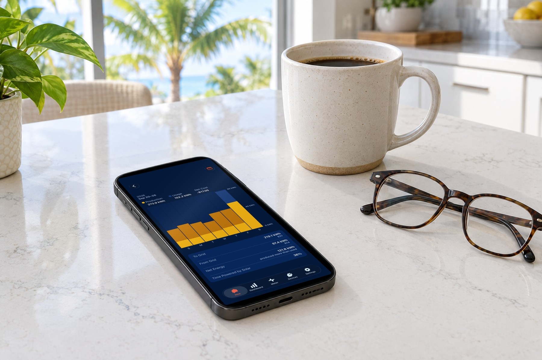 A phone on a kitchen island shows the same home's solar app week view for September 20 to 26: production 273.9 kWh, usage 152.2 kWh, net cost negative $17.05