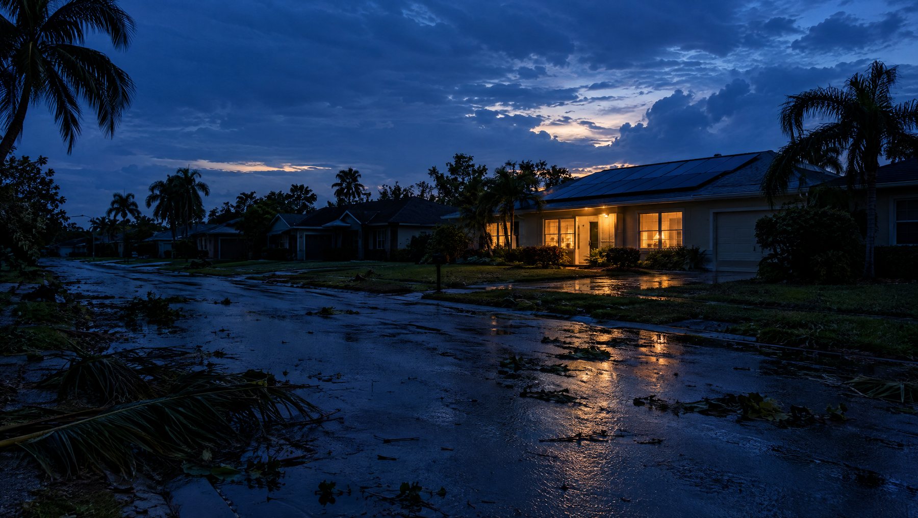 One Florida home with solar and lights on while the rest of the street is dark after a hurricane
