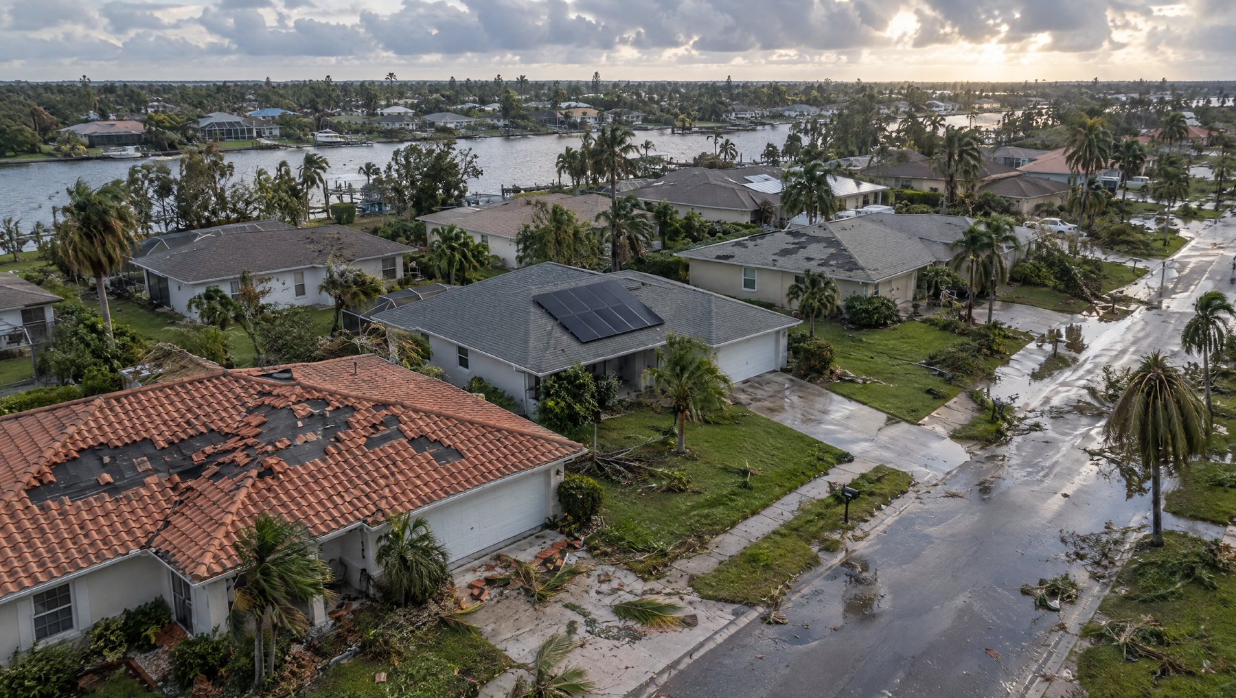 Aerial view of a Florida street after a hurricane: a tile roof with missing tiles in the foreground and an intact rooftop solar array on a neighboring home