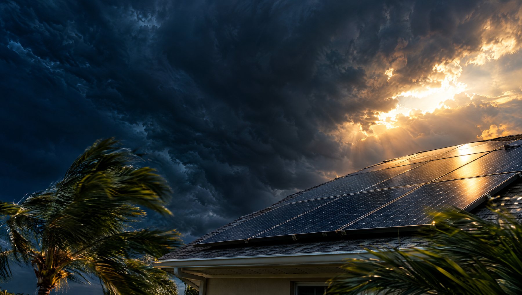 Rooftop solar panels on a Florida home under a hurricane sky with palm trees bending in the wind