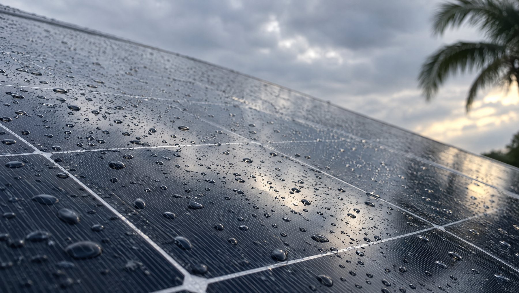 Raindrops on a solar panel under a bright overcast sky