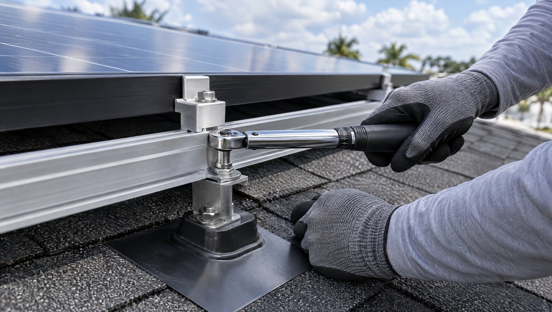 Installer tightening a solar racking bolt with a torque wrench above a flashed roof attachment