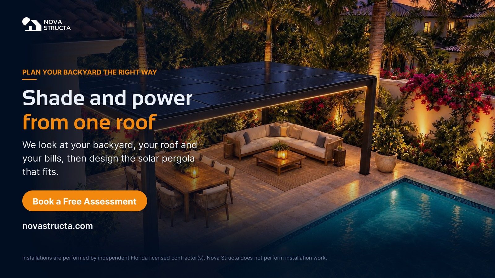 Book a free assessment: we look at your backyard, your roof and your bills, then design the solar pergola that fits