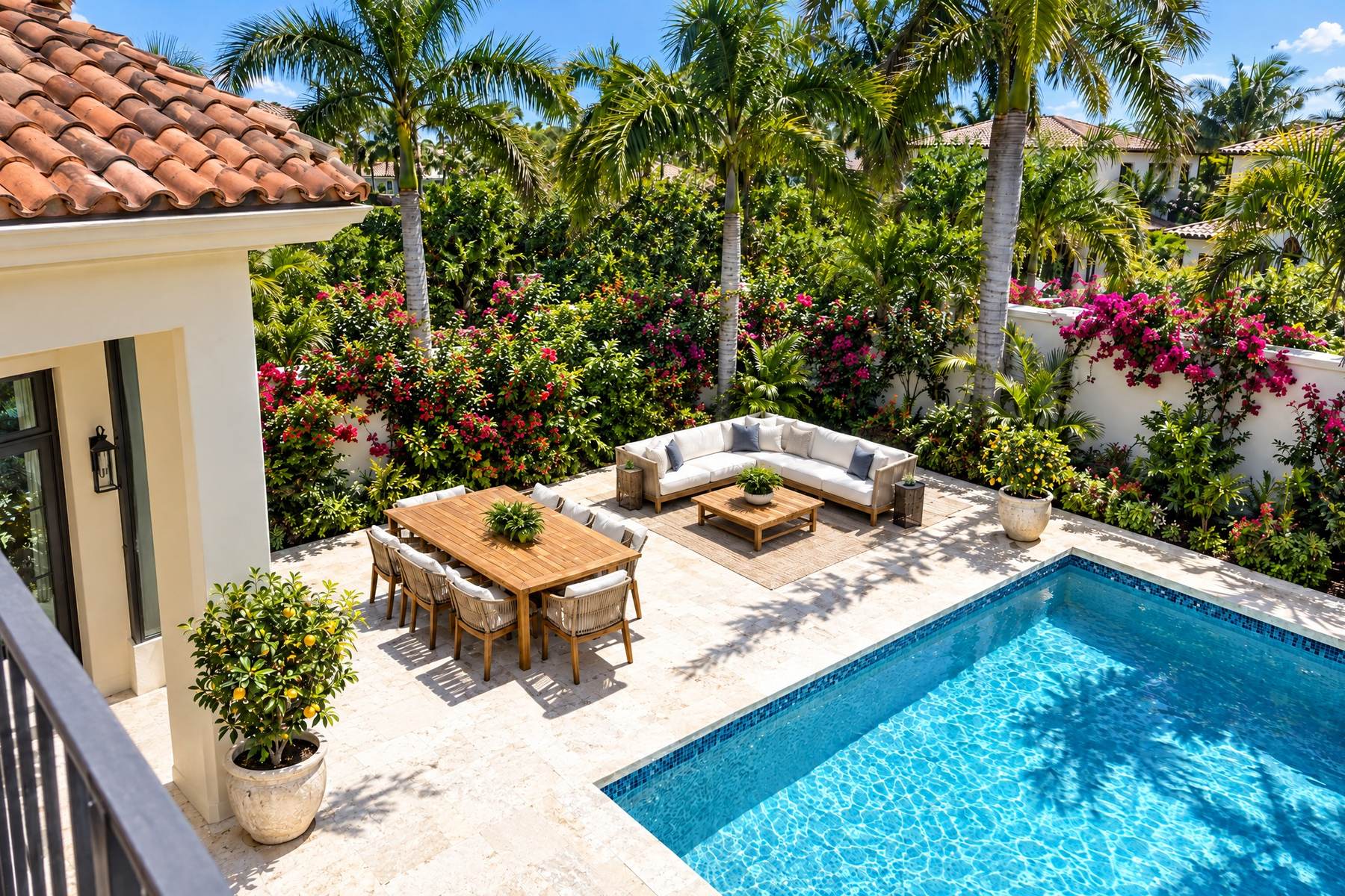 A Florida backyard with a pool and an outdoor dining and lounge area on an open deck in full midday sun