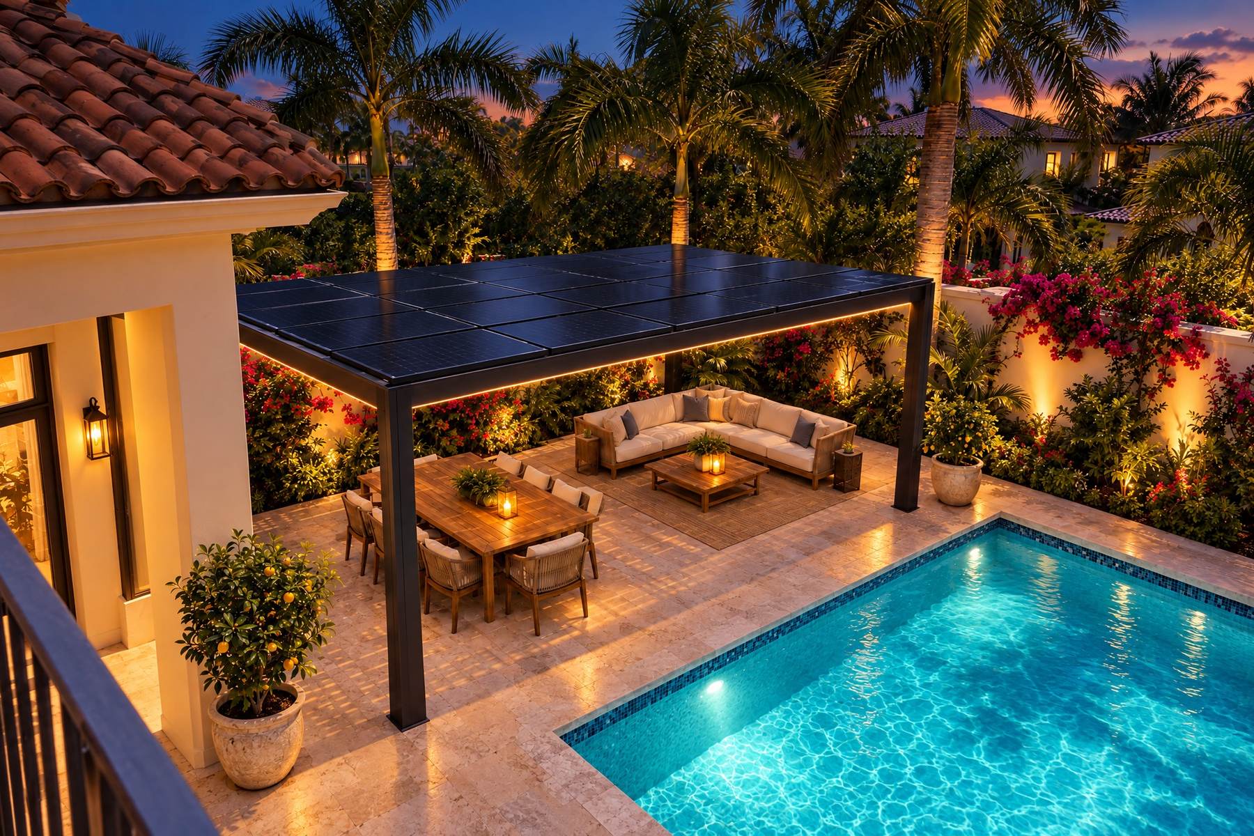 The same backyard at dusk with lights on under the solar pergola and the pool lit