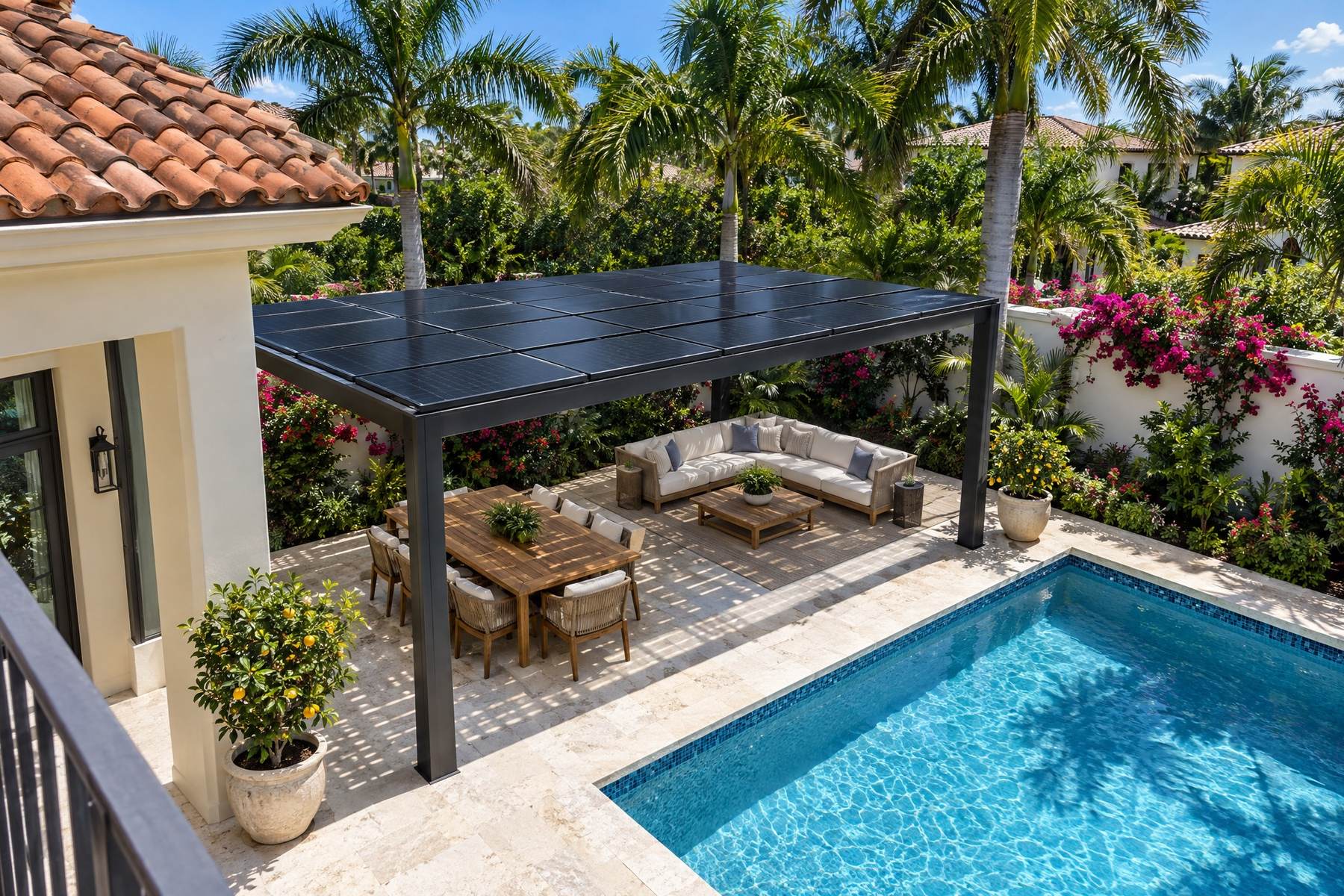 The same backyard with a black aluminum pergola whose roof is a rectangle of all-black solar panels shading the dining area