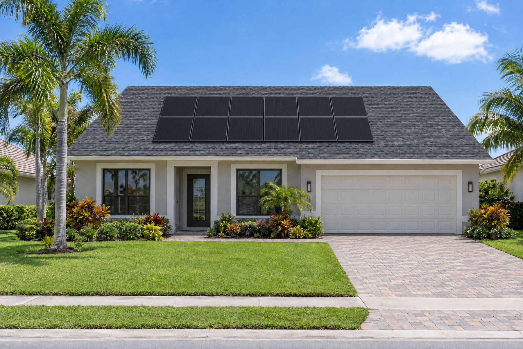 The same home with a rectangular array of twelve all-black solar panels on its shingle roof