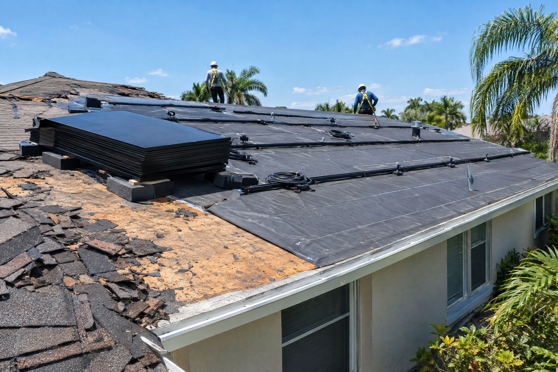 A Florida roof replacement in progress, with old shingles torn off, new underlayment going down and solar panels temporarily stacked on padded blocks on the roof