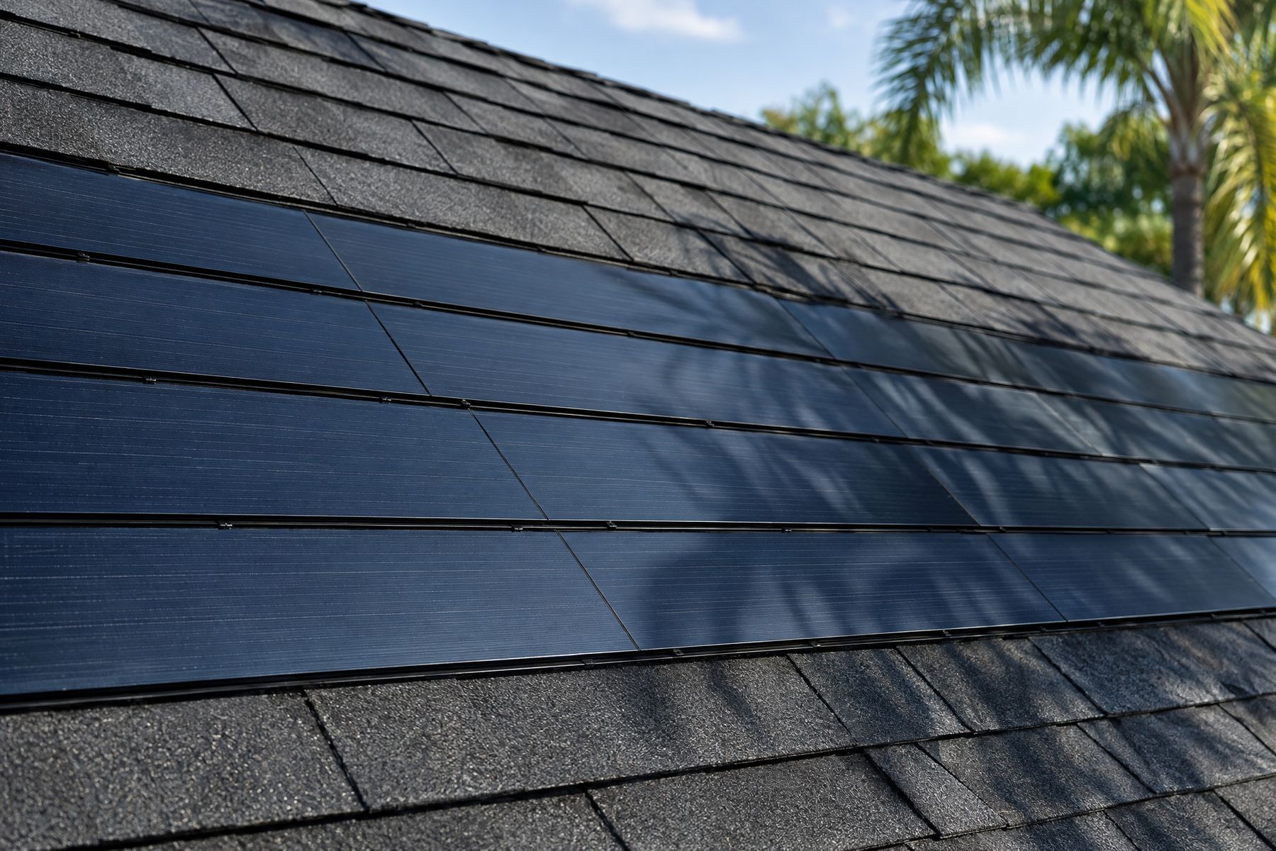 Close-up of a band of low-profile dark solar energy shingles laid flush in the courses of a charcoal asphalt shingle roof