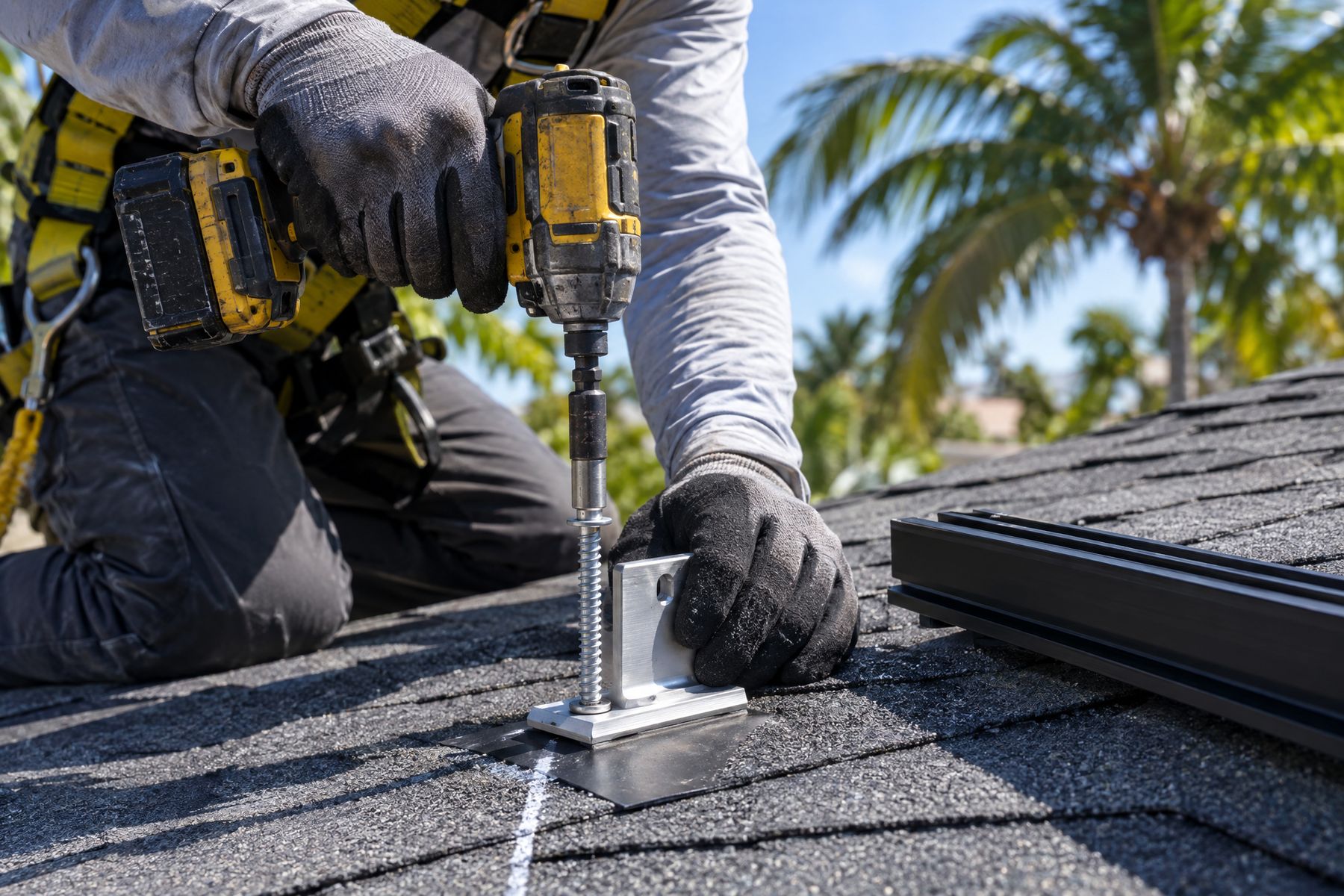 A solar installer in a harness driving a lag bolt through a roof attachment into a rafter on a shingle roof, with a black rail beside it