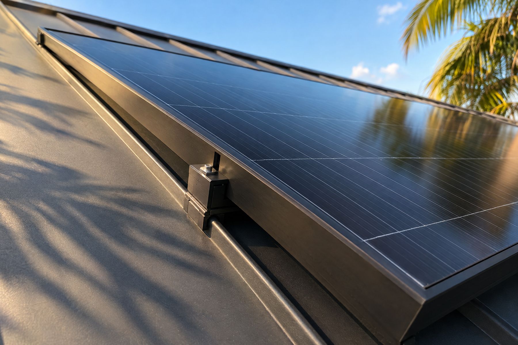 An all-black solar panel held by an aluminum clamp fastened to the raised seam of a charcoal standing seam metal roof