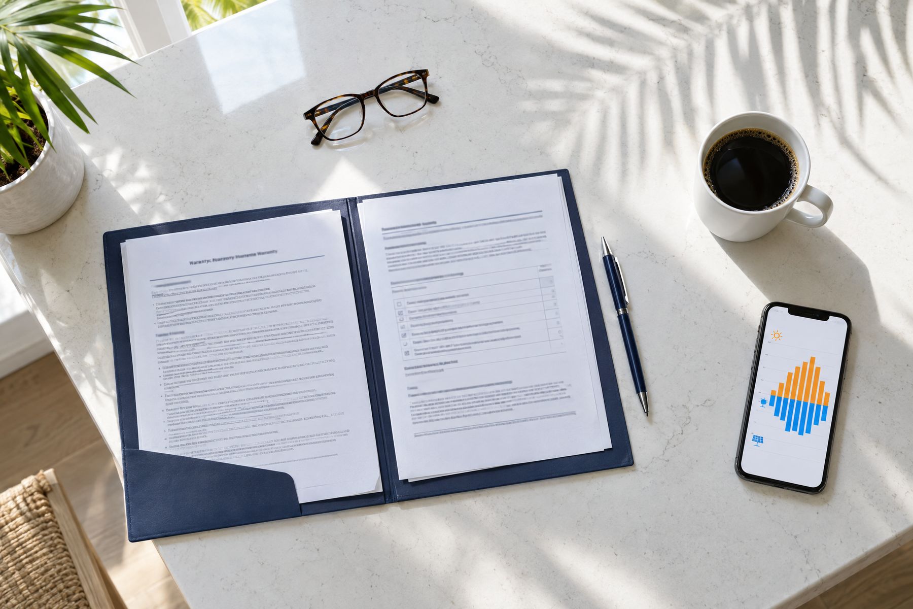 Warranty and permit paperwork in an open folder on a kitchen counter, beside a phone showing a solar production chart