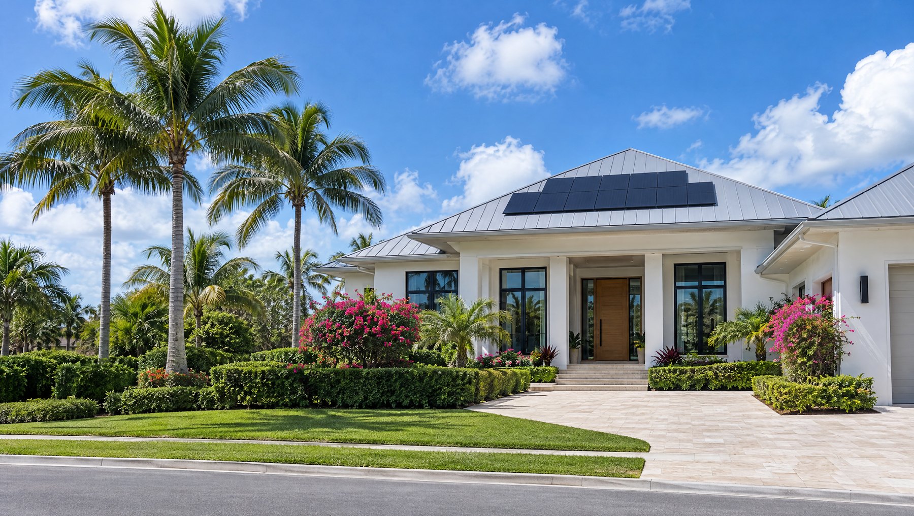 Naples-style home with a standing seam metal hip roof and a small solar array clamped to the seams on one roof face