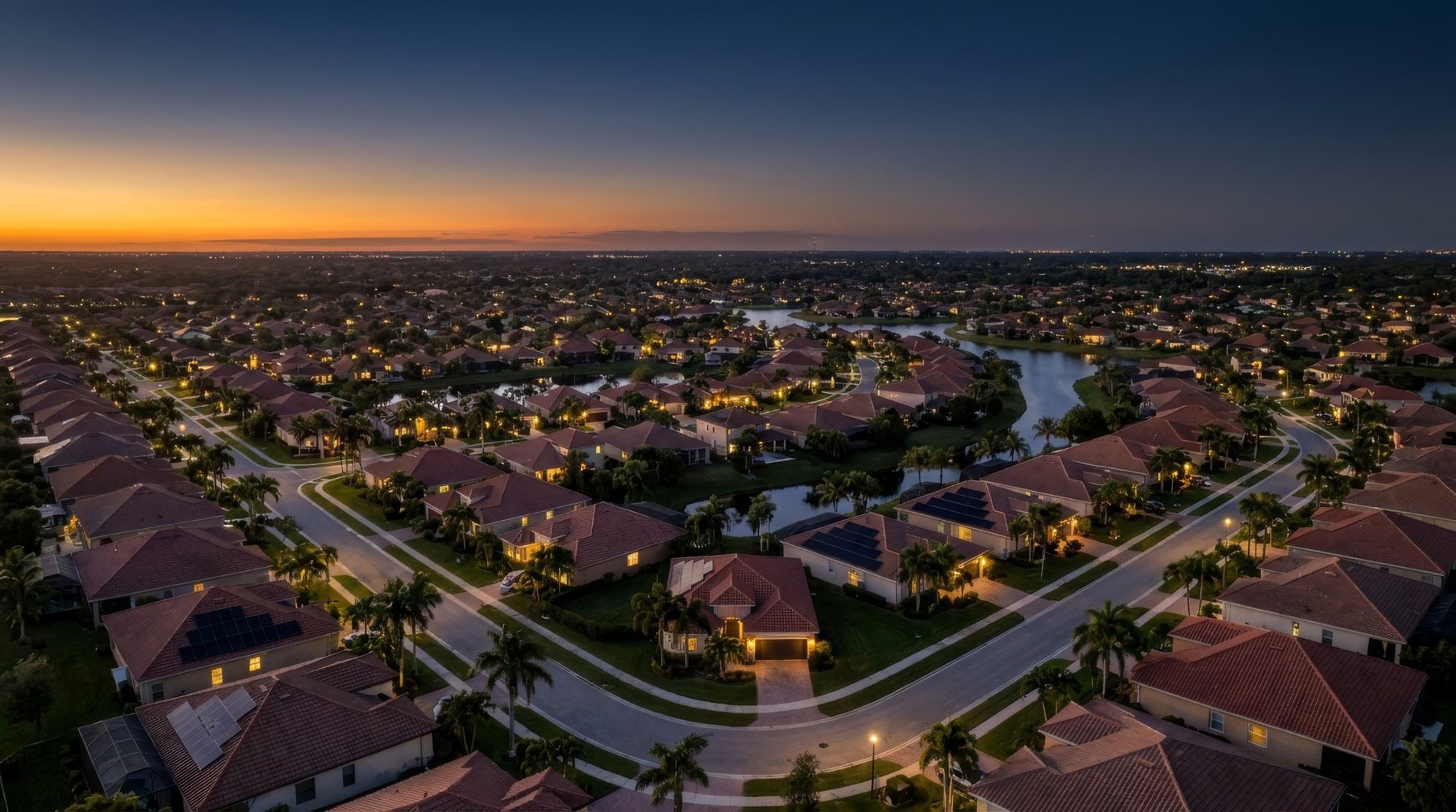 Aerial view of a Florida lakeside neighborhood at dusk where a few homes have rooftop solar
