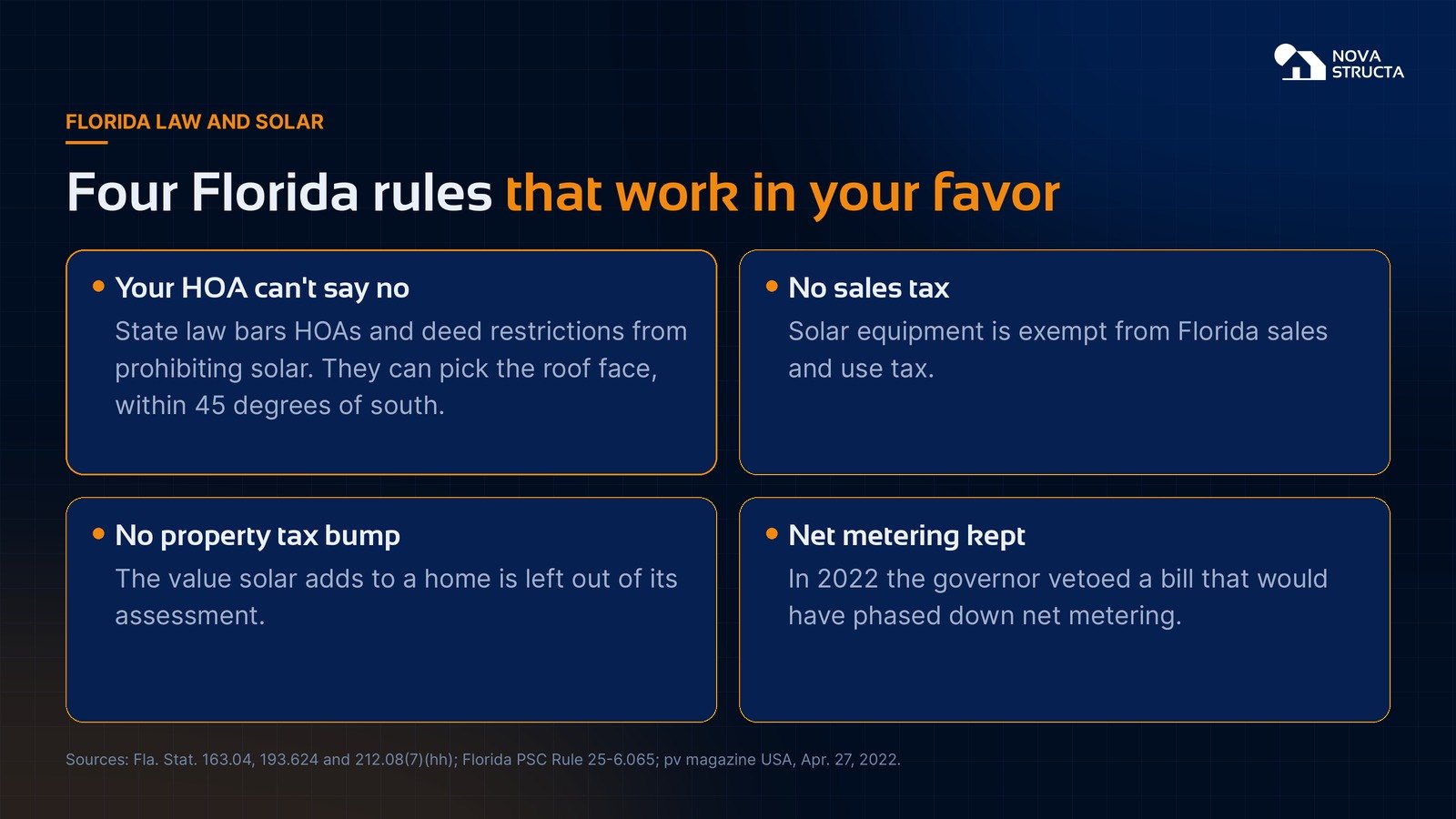 Four Florida rules that work in your favor: HOA protection, no sales tax, no property tax bump, net metering kept