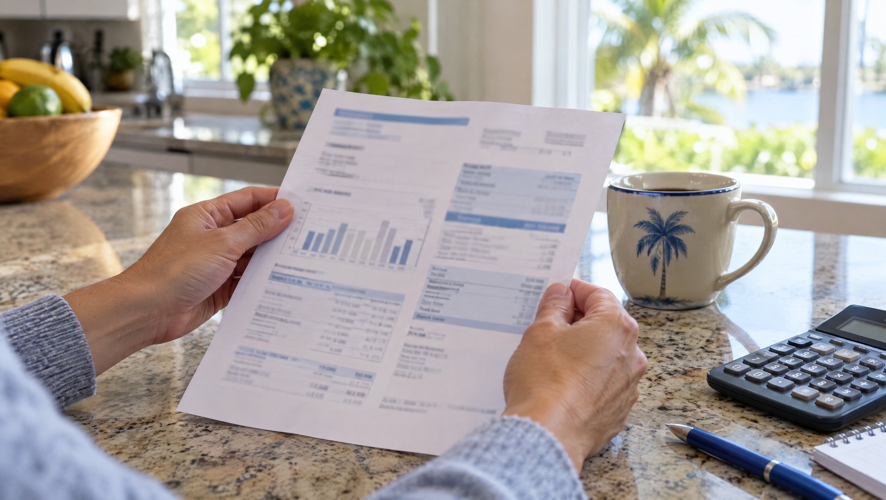 A homeowner reviewing a printed electric bill at a kitchen counter with a calculator and coffee