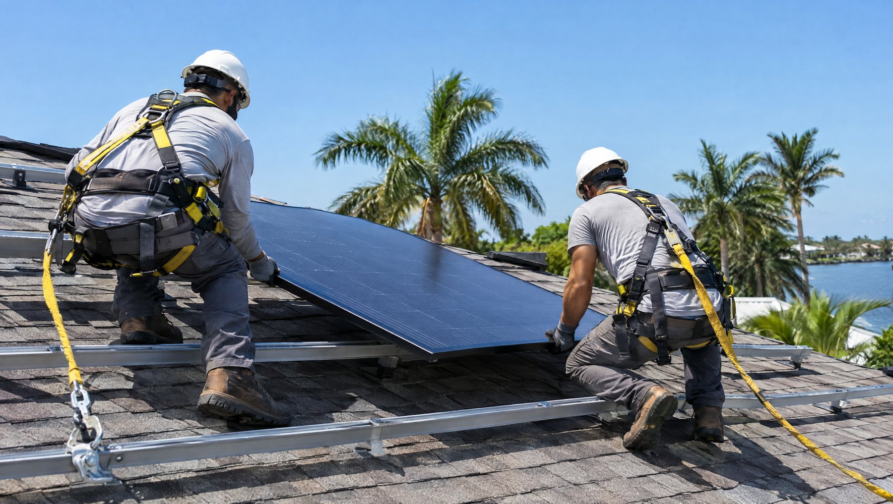 Two installers in harnesses setting a solar panel onto rails on a Florida roof with palm trees and water behind them