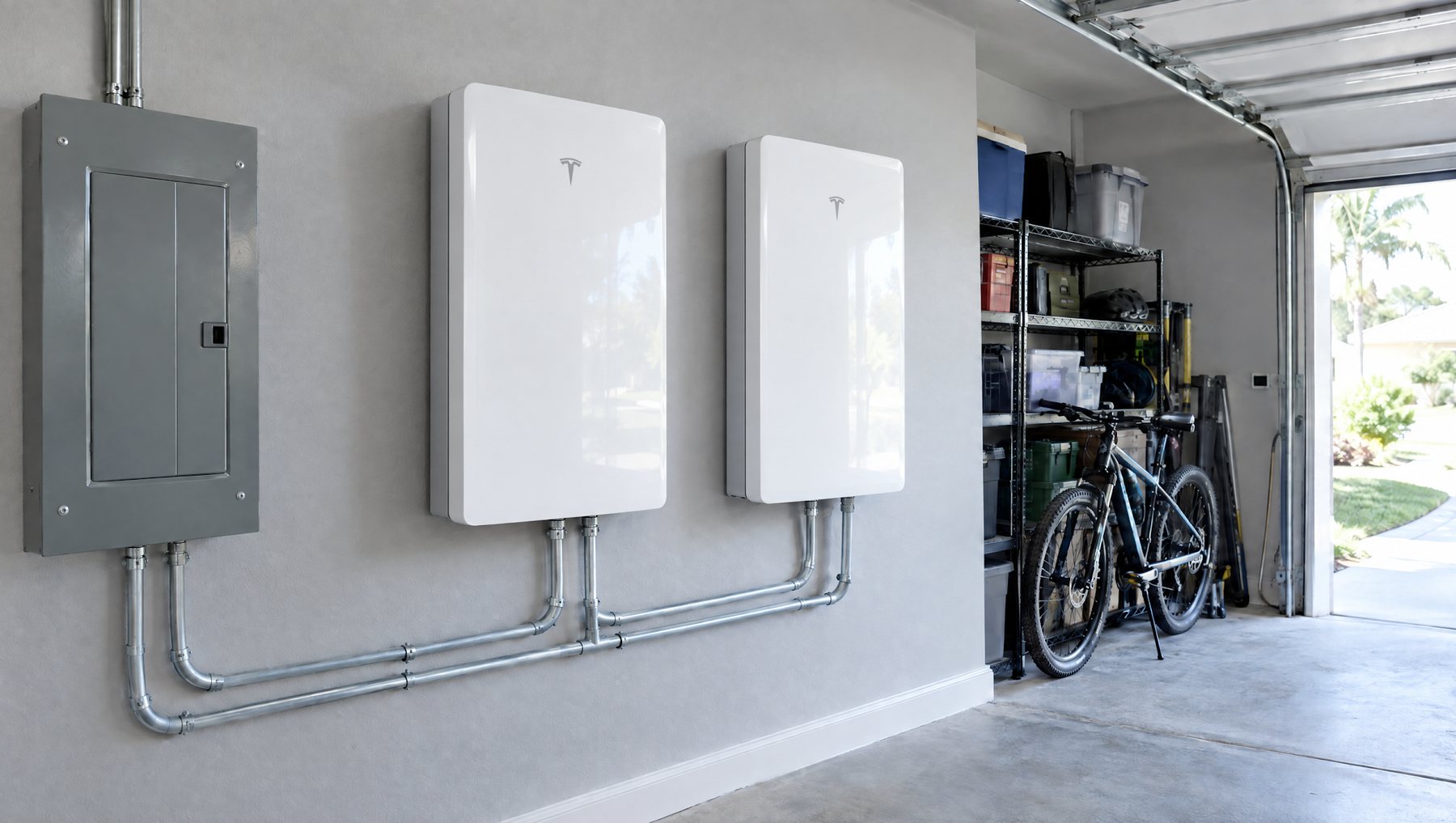 Two white Tesla Powerwall home batteries mounted on a garage wall next to the electrical panel