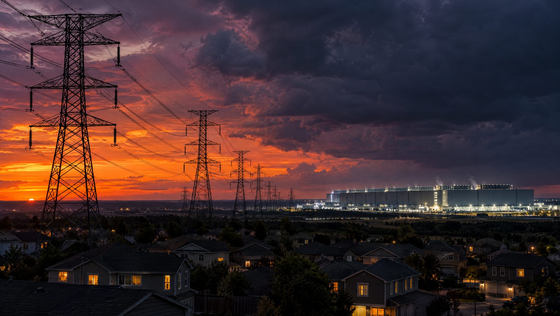 High-voltage transmission towers crossing a suburban neighborhood at dusk under storm clouds, with a brightly lit data center campus on the horizon