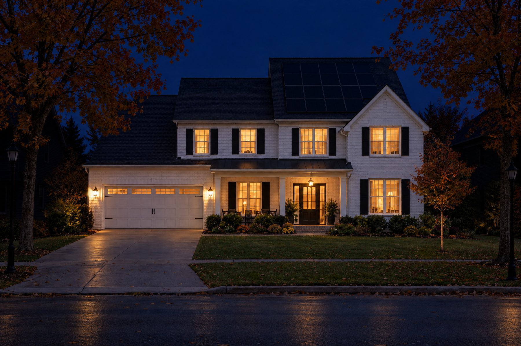 The same street during the outage with the neighbors dark and only the solar home still lit, its windows and porch light on