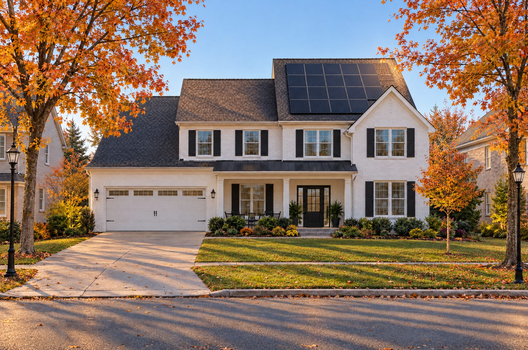 The same home the next morning with golden sunrise light on the solar panels