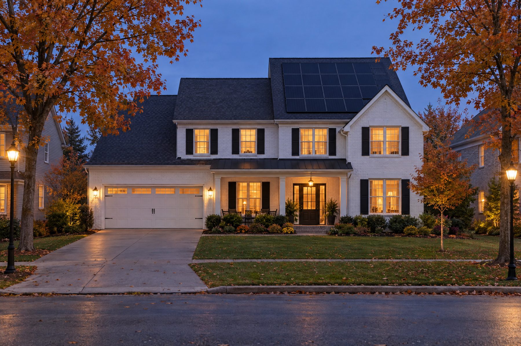 A white brick two-story suburban home with solar panels on one roof plane at blue hour in autumn, with every window and street lamp on the street lit