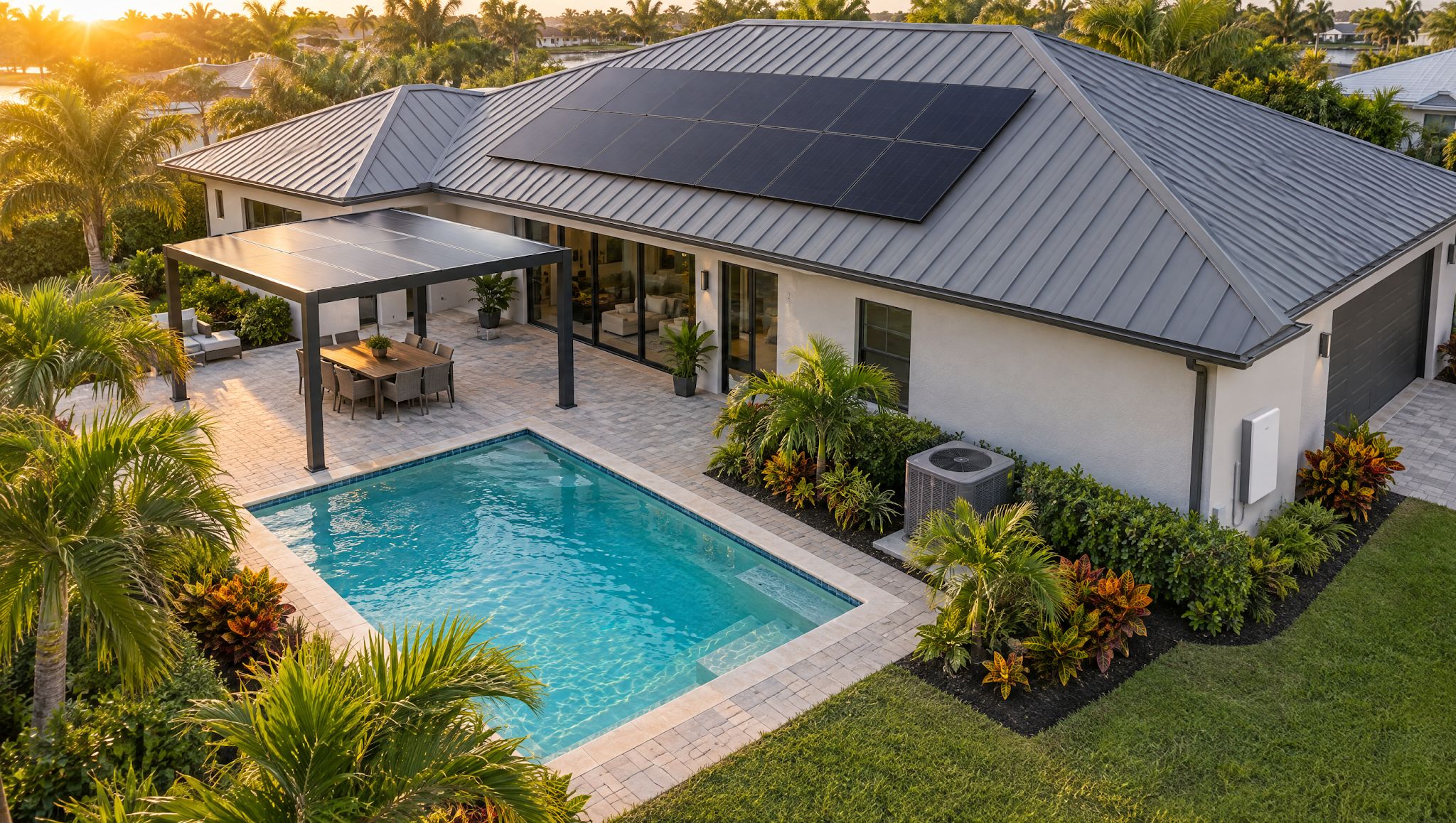 Aerial view of a single-story Florida home at sunset with a standing seam metal roof, solar panels, a solar pergola over the pool deck, an AC condenser and a wall-mounted home battery by the garage