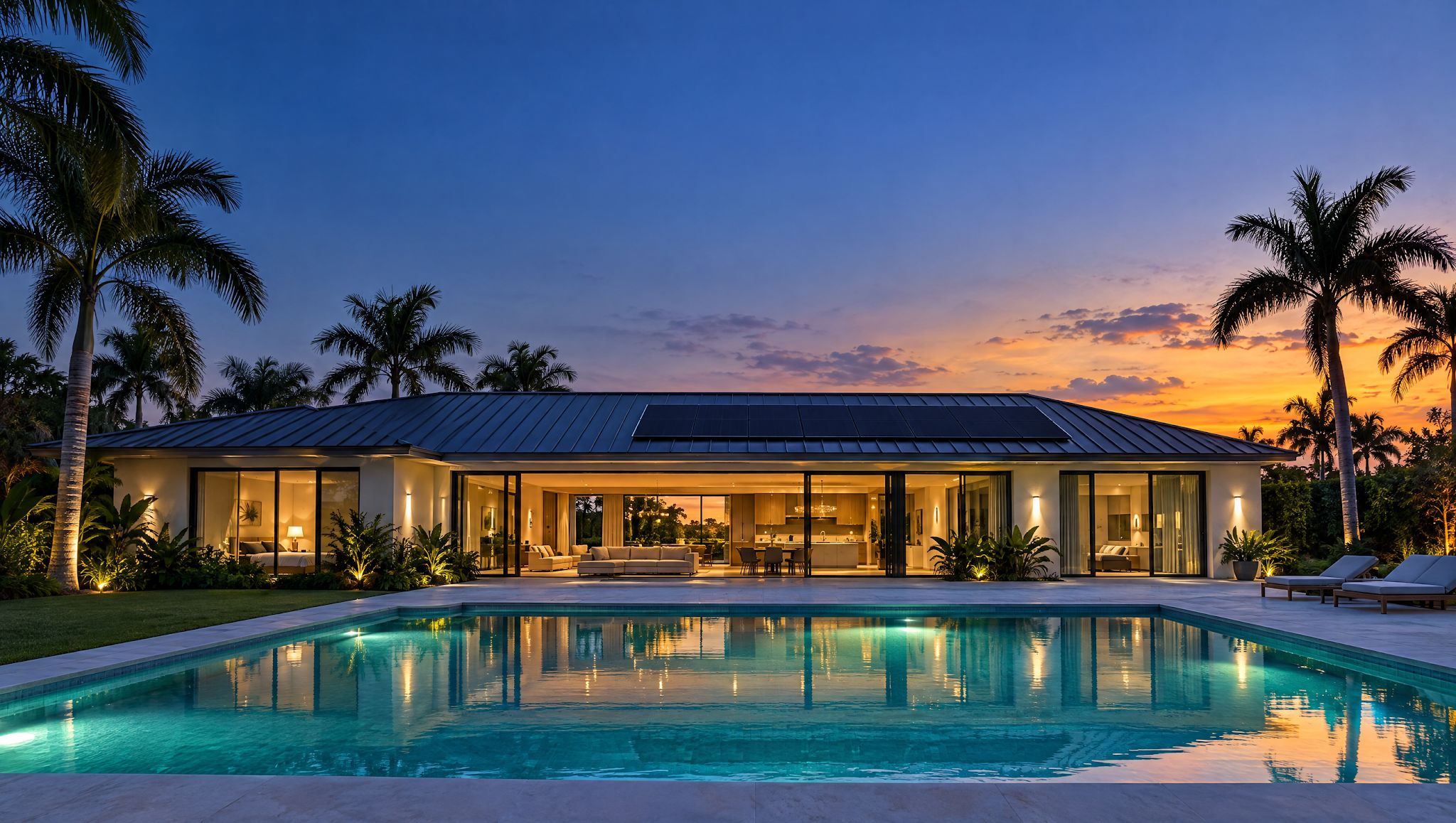 A modern Florida home at twilight seen across its lit pool, with solar panels on the metal roof and palms against the sunset