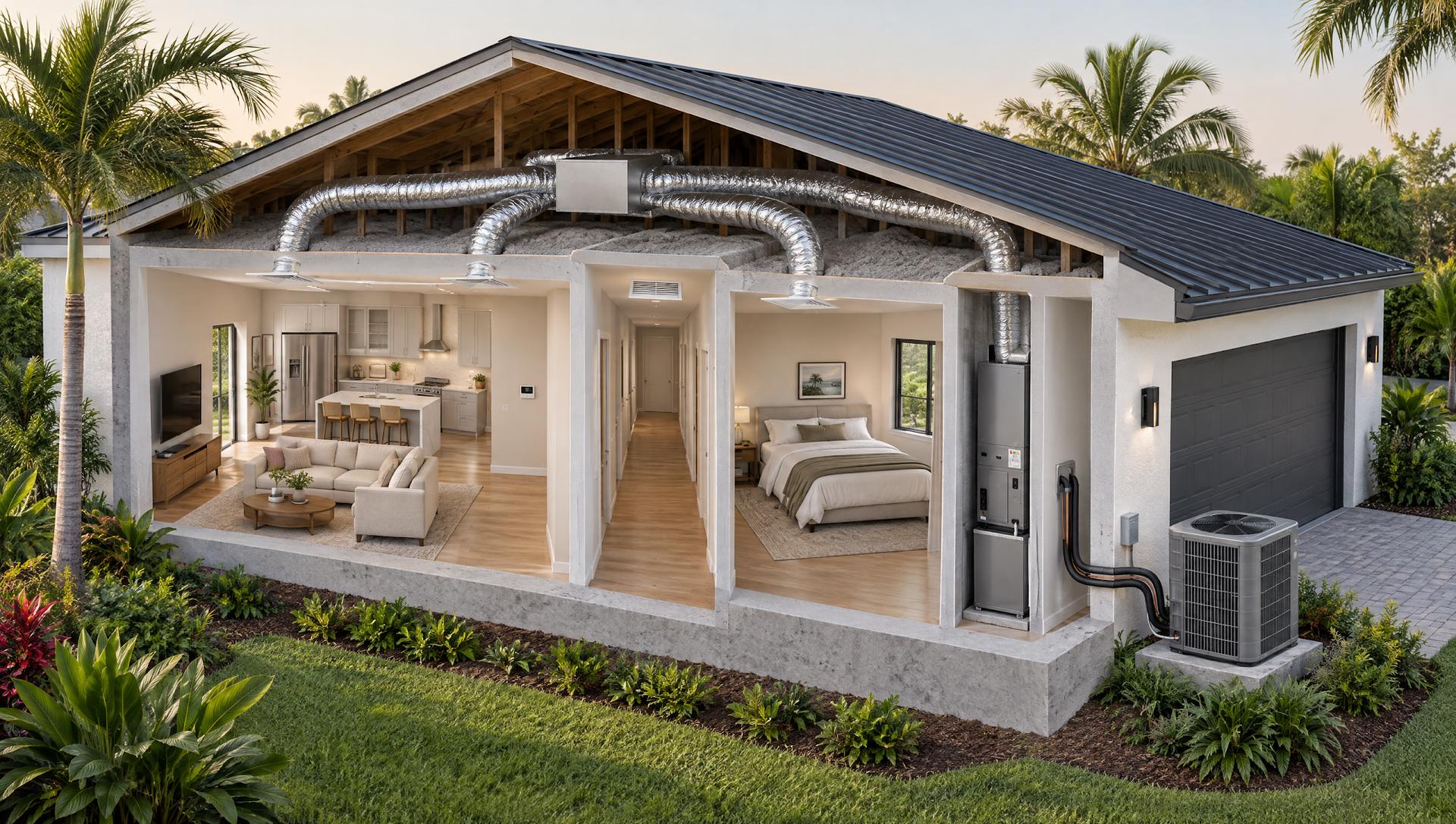 Architectural cutaway of a single-story Florida home showing attic ductwork, ceiling registers, an indoor air handler and an outdoor condenser beside the garage