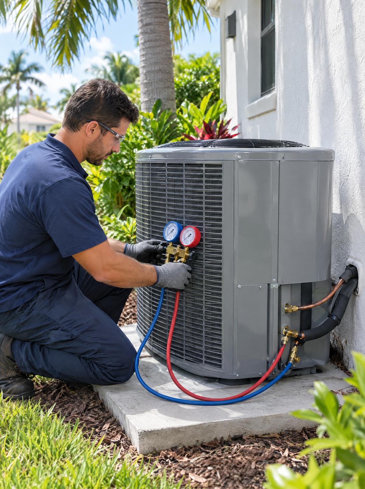 An HVAC technician kneeling beside a new outdoor condenser at a Florida home, checking refrigerant pressures with manifold gauges
