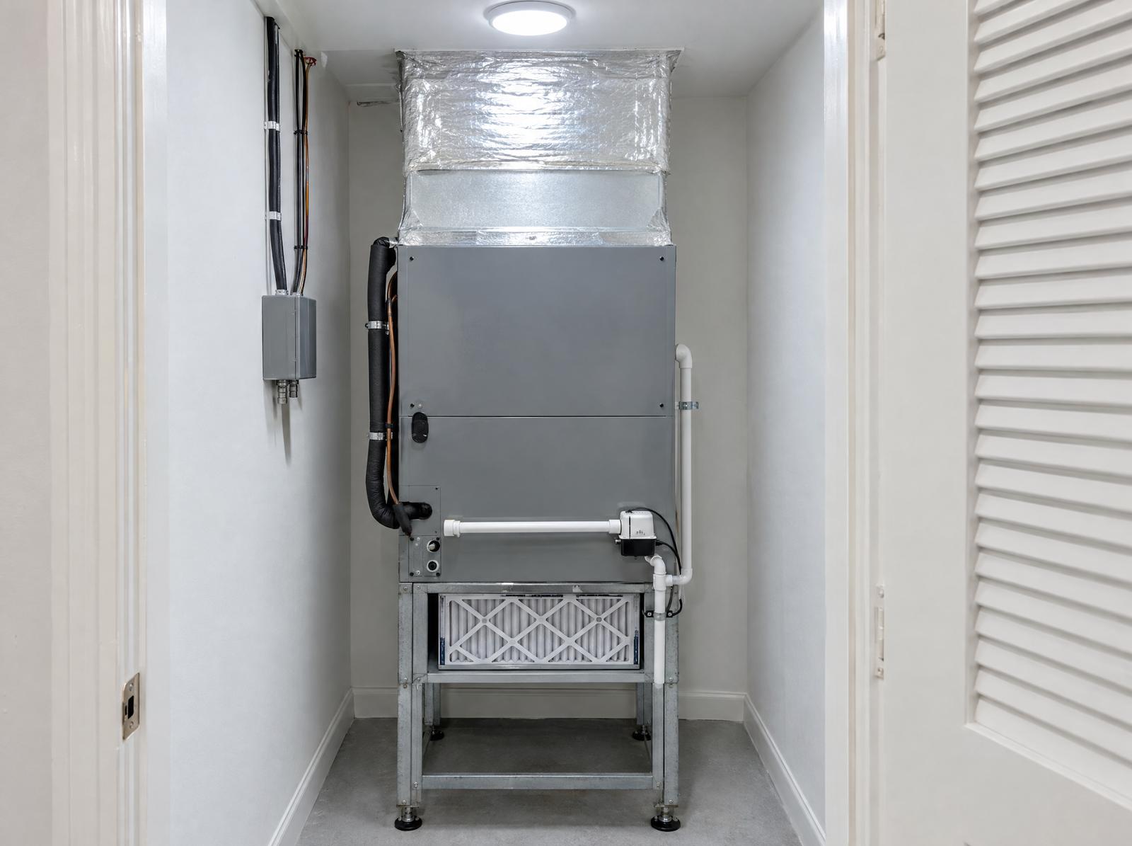 A newly installed air handler in a clean utility closet with a sealed supply plenum, condensate line and float switch