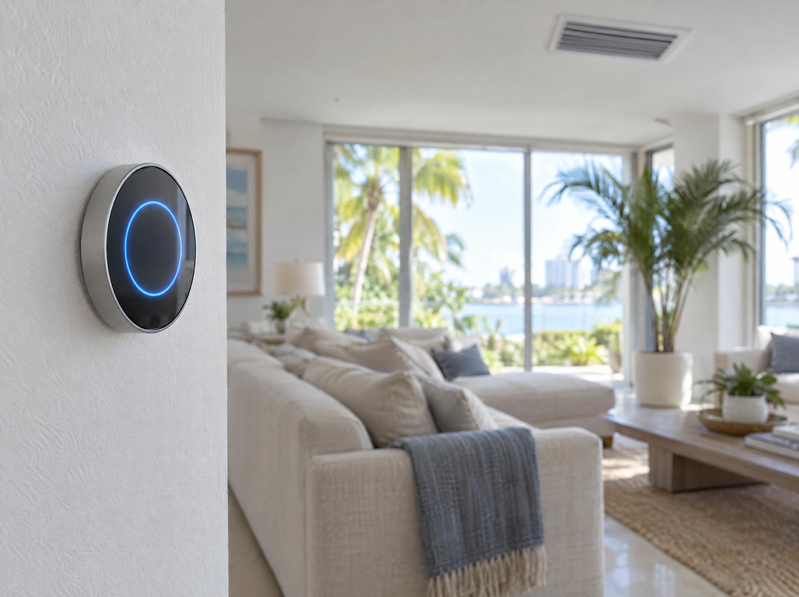 A slim smart thermostat on the wall of a bright Florida living room