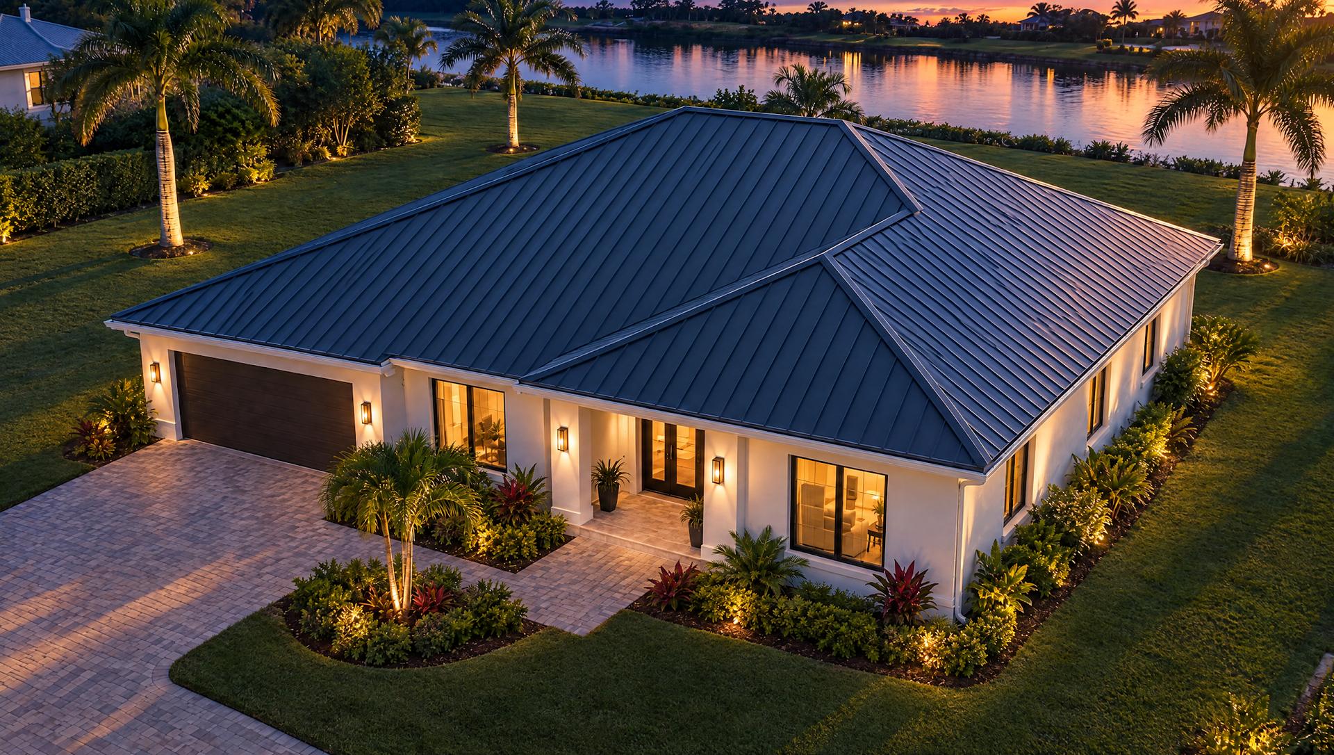 Drone view of a white Florida home with a charcoal standing seam metal roof at blue hour, its windows and landscape lights glowing