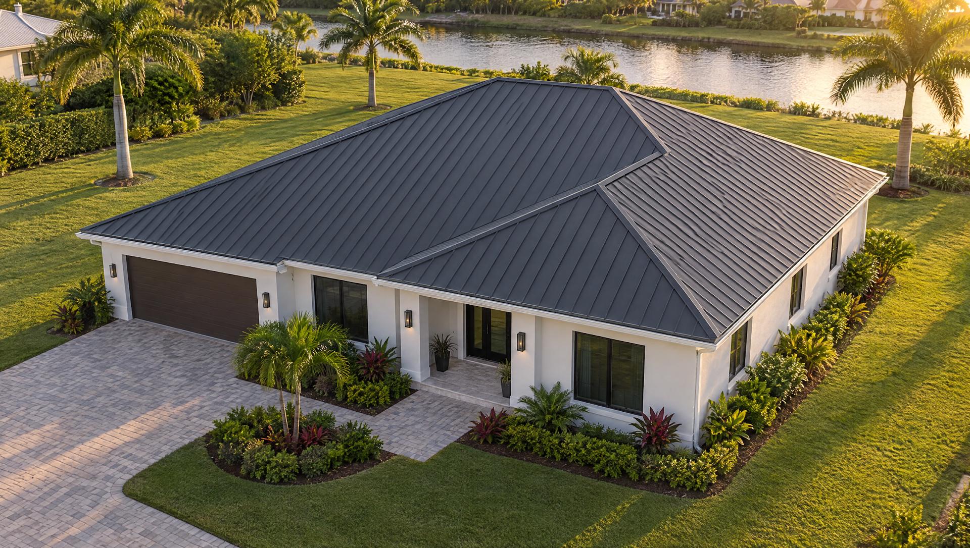 Drone view of a white single-story Florida home with a new charcoal standing seam metal hip roof