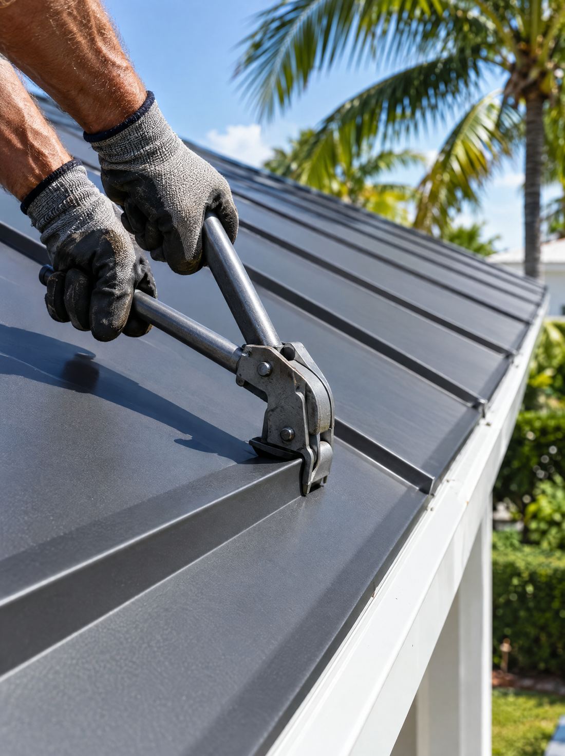 A roofer's gloved hands folding the seam of a new standing seam metal roof panel with a hand seamer