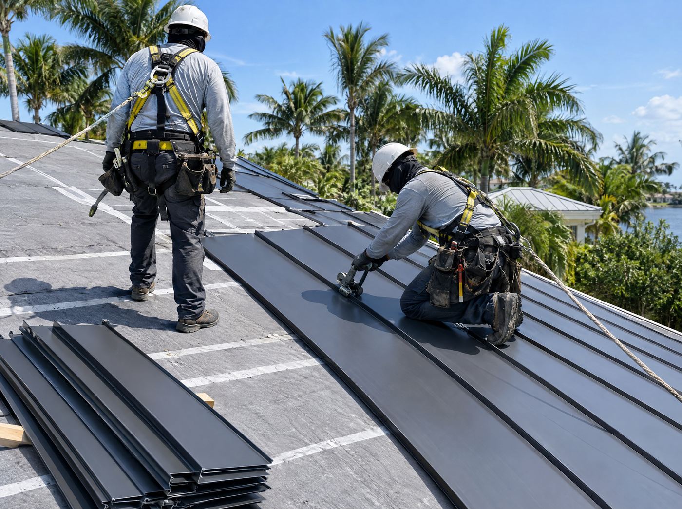 Two roofers in harnesses installing standing seam metal panels over underlayment on a Florida home
