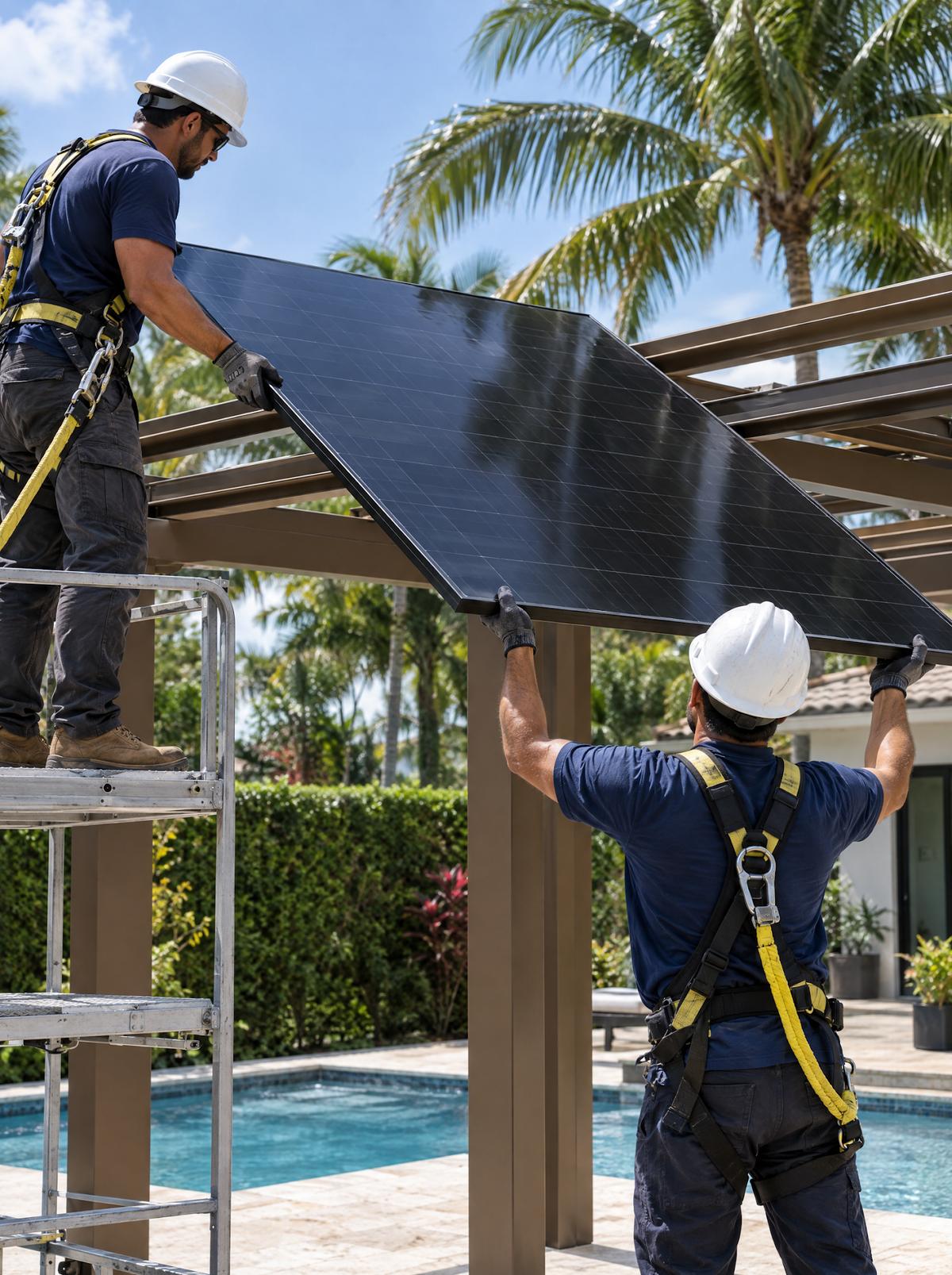 Two installers in harnesses lifting an all-black solar panel onto the aluminum rails of a new pergola frame in a Florida backyard