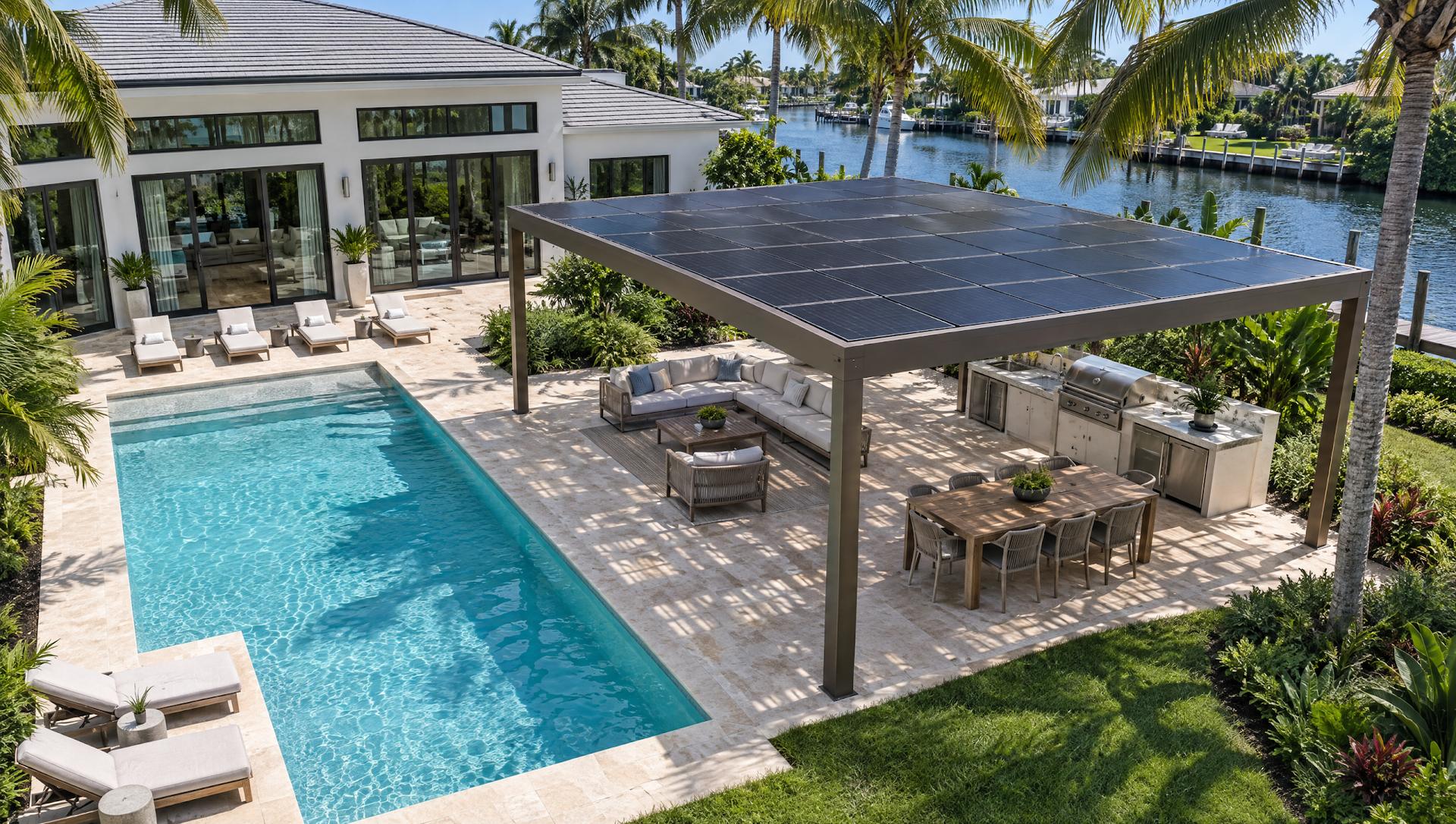 Drone view of a Florida backyard with a pool and a freestanding bronze pergola whose roof is a grid of all-black solar panels over an outdoor living area