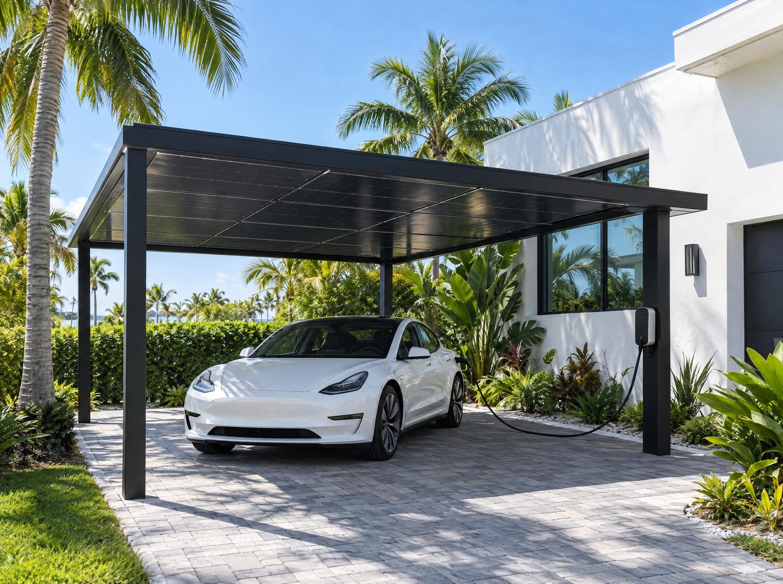 A solar carport-style pergola over a driveway with an electric car plugged into an EV charger