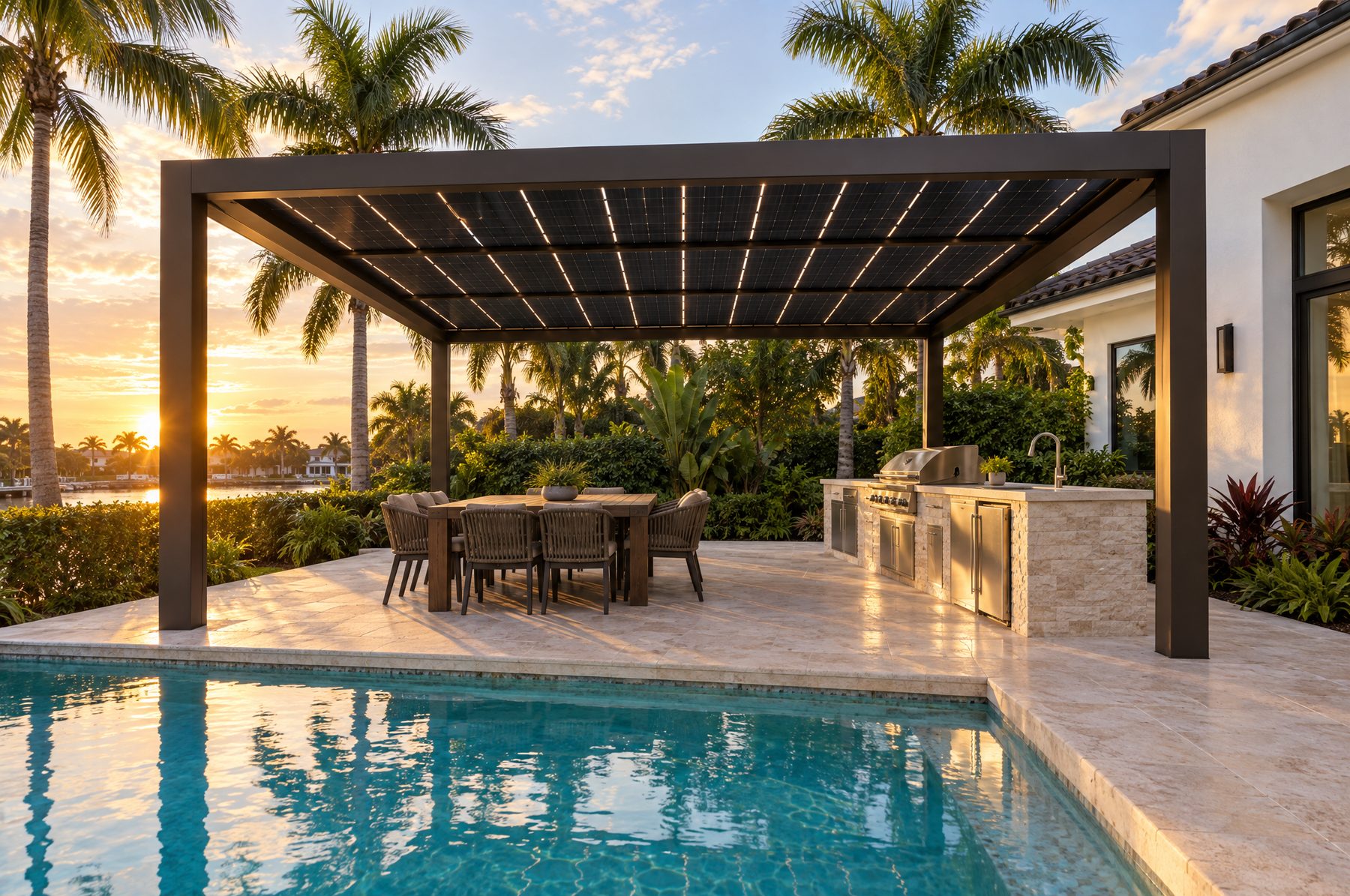 A solar pergola over an outdoor kitchen and dining area beside a pool at golden hour
