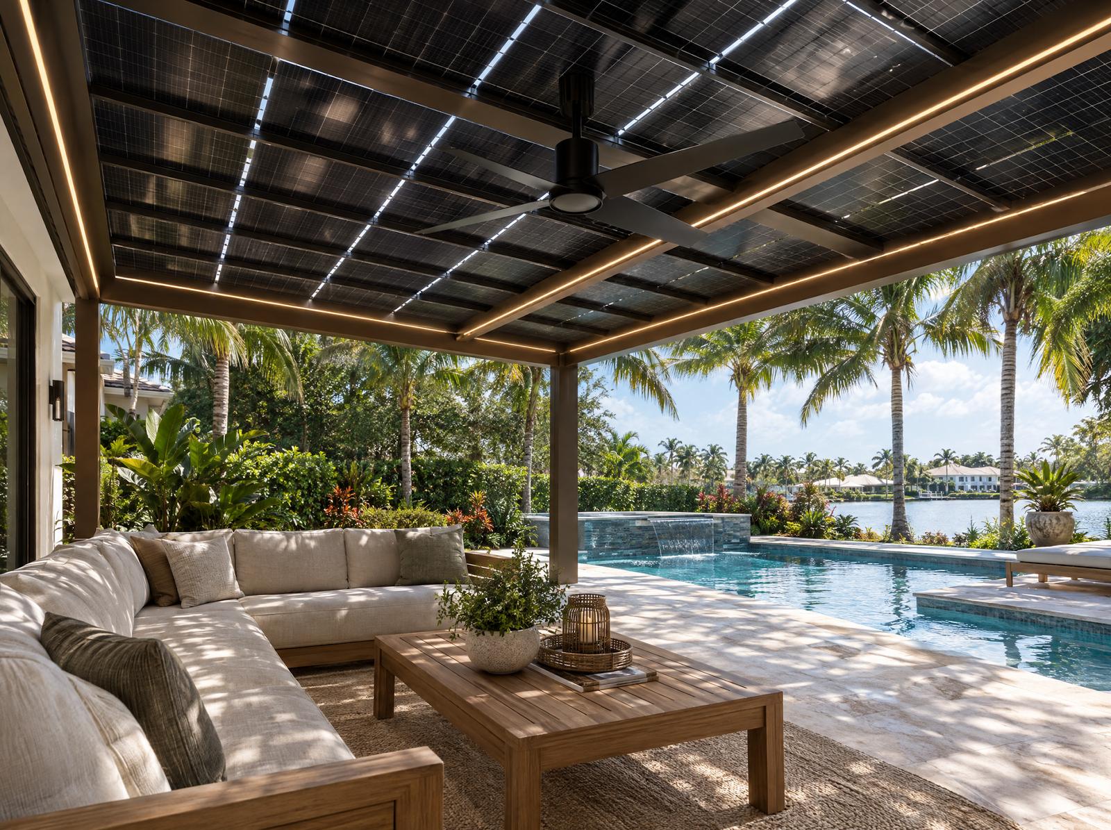 The underside of a solar pergola roof with a ceiling fan and LED lighting above an outdoor lounge