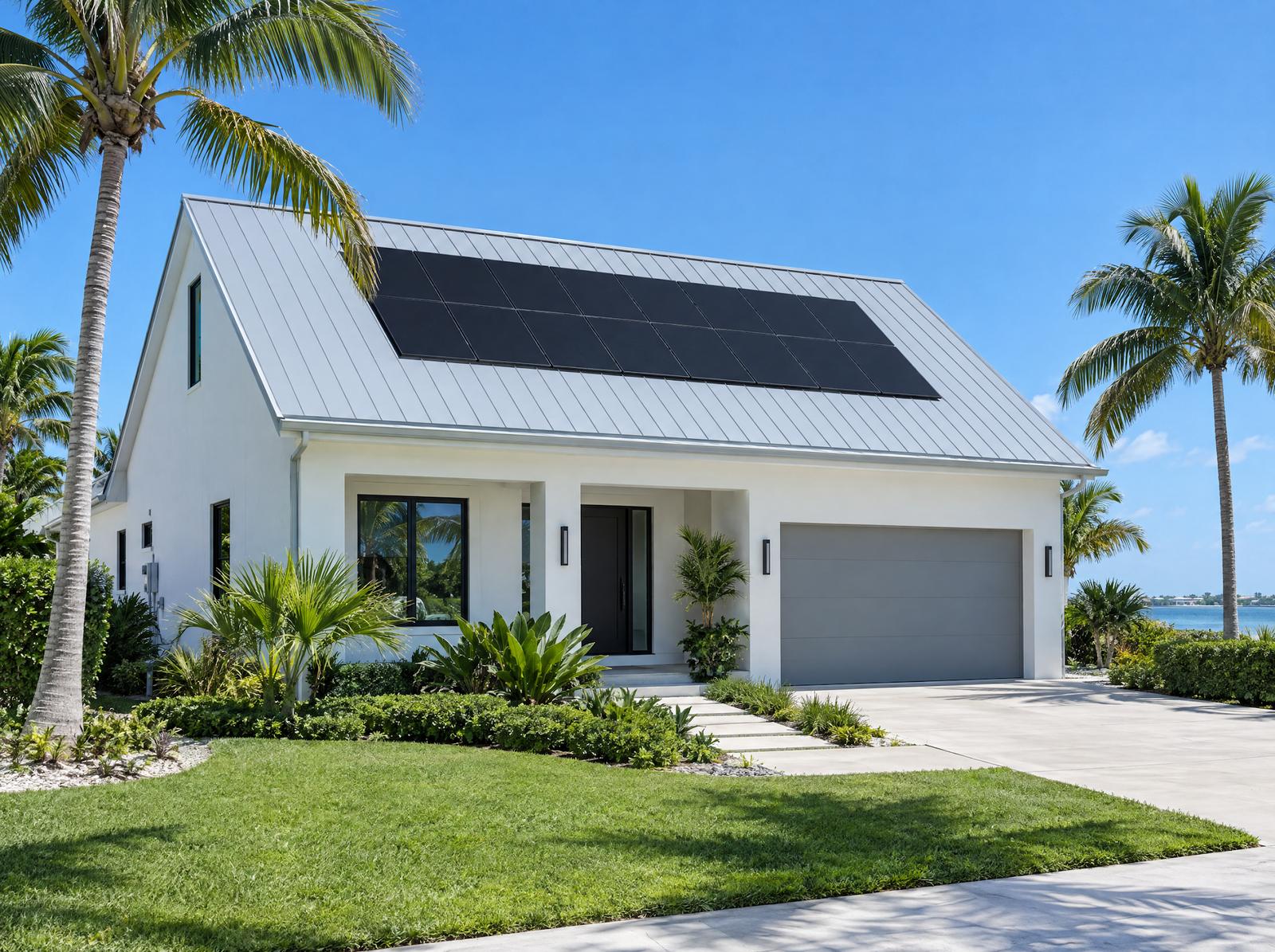 A white coastal Florida home with all-black solar panels on a silver standing seam metal roof
